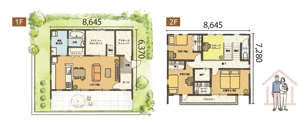 スキップフロアの間取り、1F床面積55.06㎡、2F床面積60.4㎡㎡