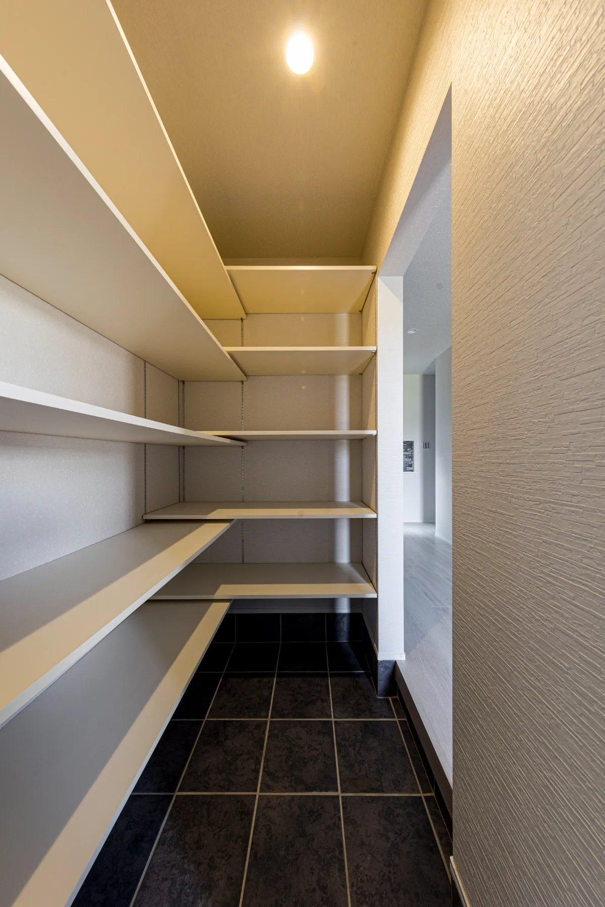 L字型に配置された玄関脇のシューズクローゼットが奥まで続き、収納力に優れる