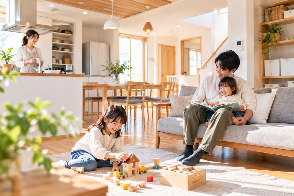 明るい自然光が差し込む木の温もりあふれるLDKで、父親と子どもがソファで絵本を読み、母親がキッチンで微笑む様子。リビングでは女の子がおもちゃで遊び、家族が心地よく過ごしている。