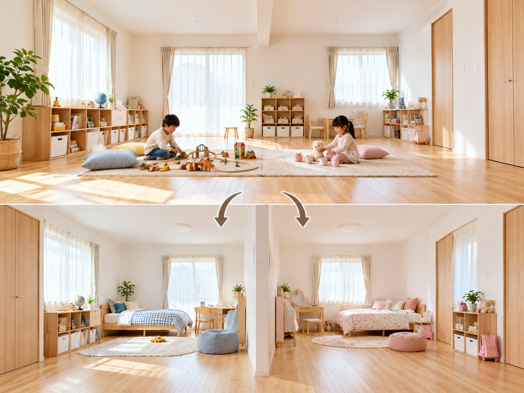 自然光が差し込む明るい子ども部屋。幼少期は広い空間で2人の子どもが遊び、成長後は中央に壁を設けて2つの個室に分けられる可変性のある間取りを表現した比較画像。