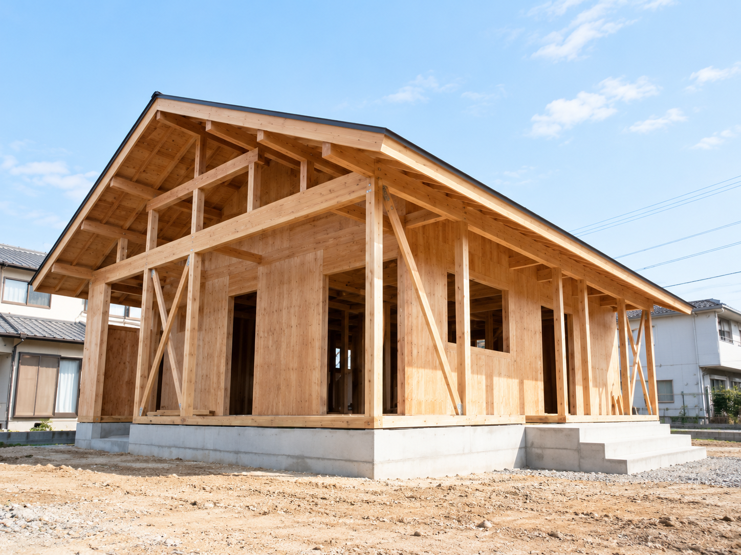 青空の下で建築が進む木造平屋住宅の外観。柱や梁、屋根の垂木などの木造構造が見える建築途中の建物で、コンクリート基礎の上に組まれた木材の骨組みが特徴的。周囲には住宅街が広がっている。