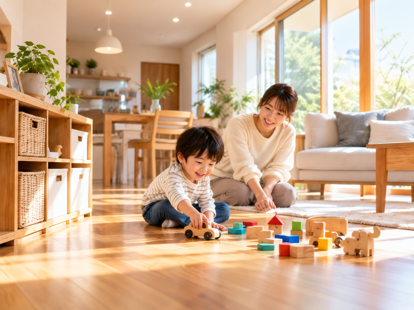 明るい自然光が差し込む木目調のリビングで、幼い子どもが木製のフローリングにおもちゃを広げて楽しそうに遊び、そばで母親が笑顔で見守っている。手前には収納かごが整然と並ぶ木製棚があり、温かみのある心地よい住空間が広がっている。
